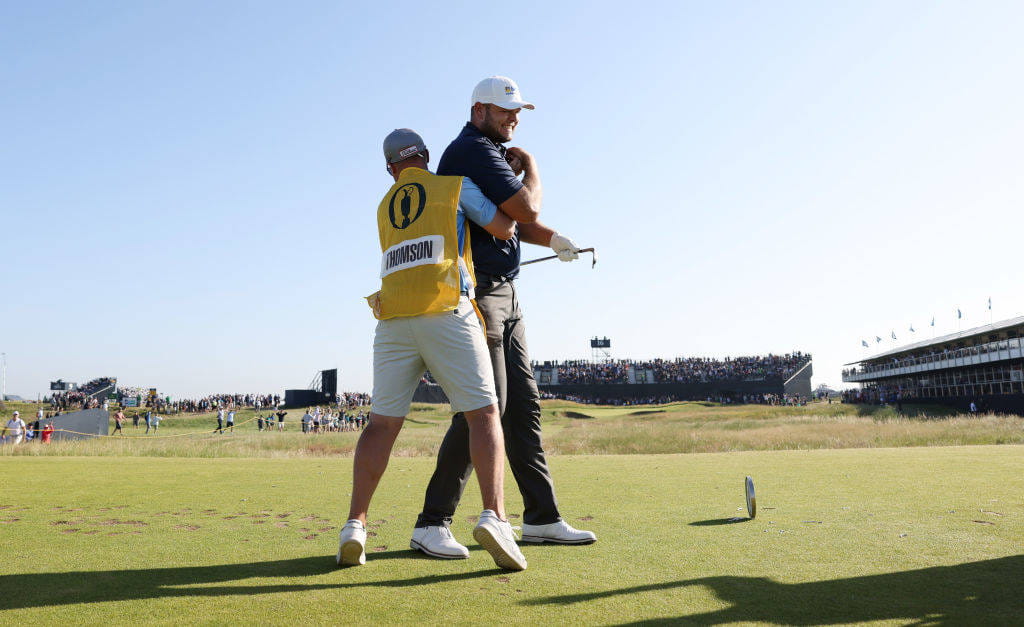 Jonathan Thomson celebrates his hole-in-one on the 16th